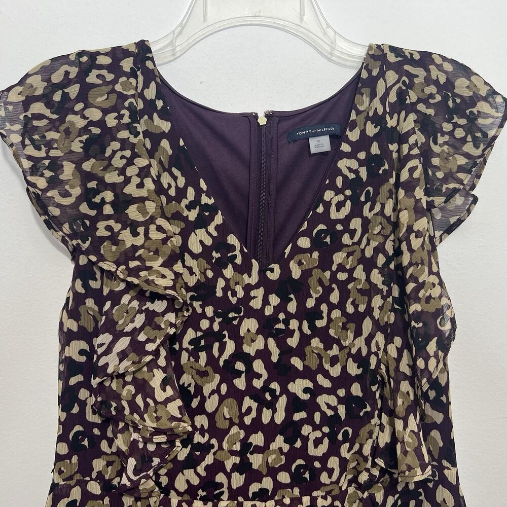 Tommy Hilfiger M Chiffon Leopard Print Dress Ruffle Flutter Sleeve Purple Lined